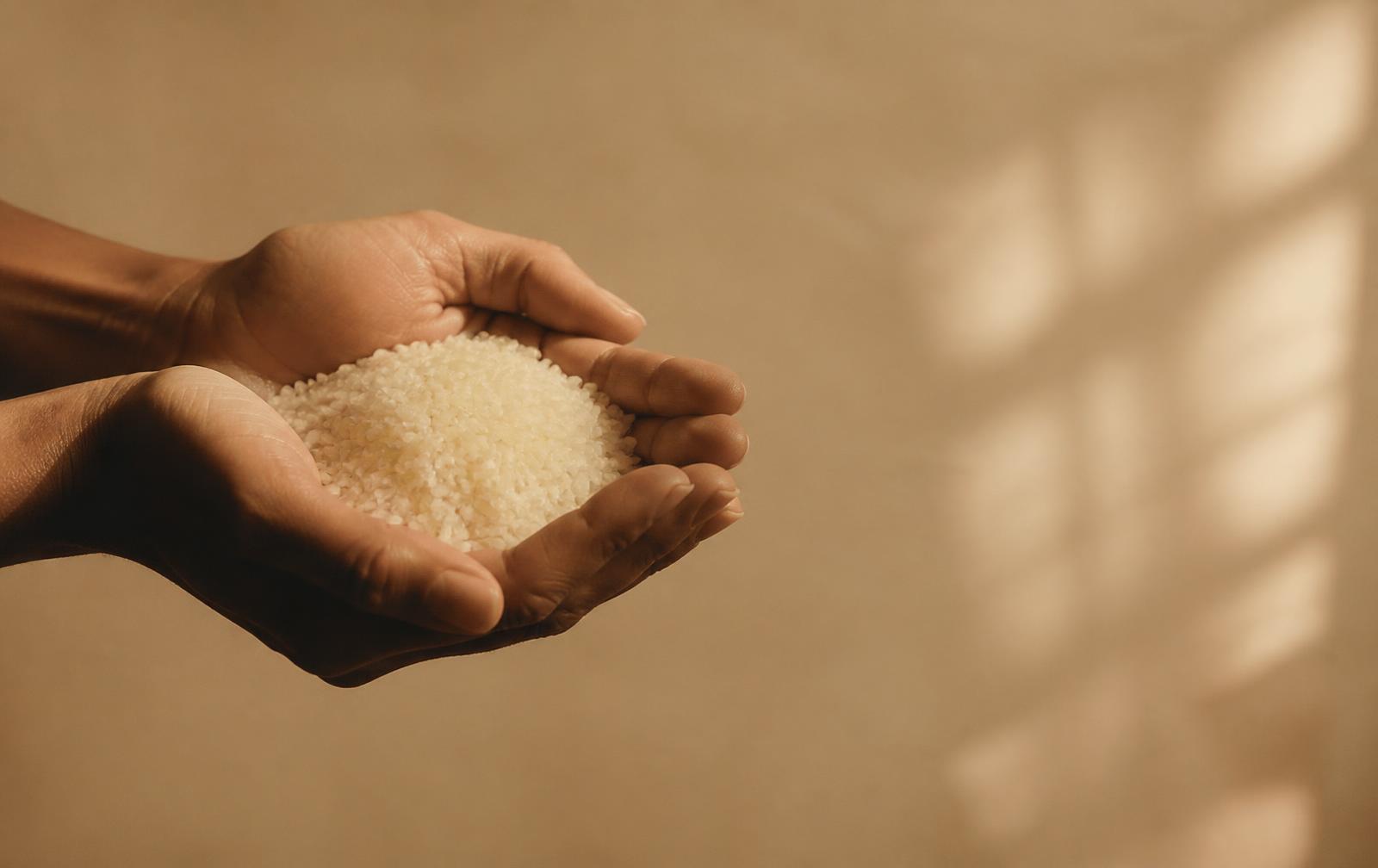 Two open hands holding grains of rice in warm sunlight
